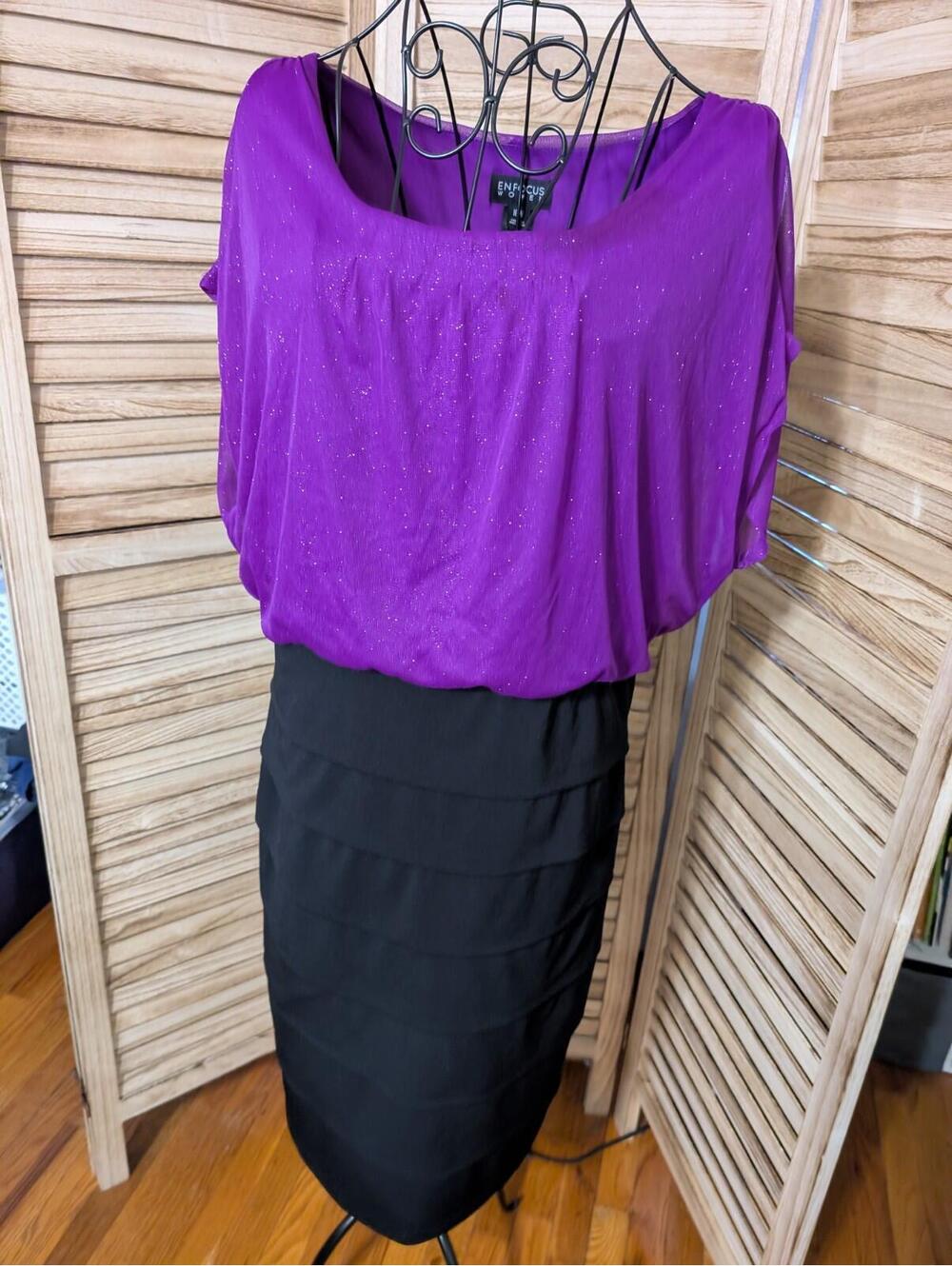 Enfocus Studio Sz 16W Women Black Purple Sleeveless Front Ruffled Pencil Dress